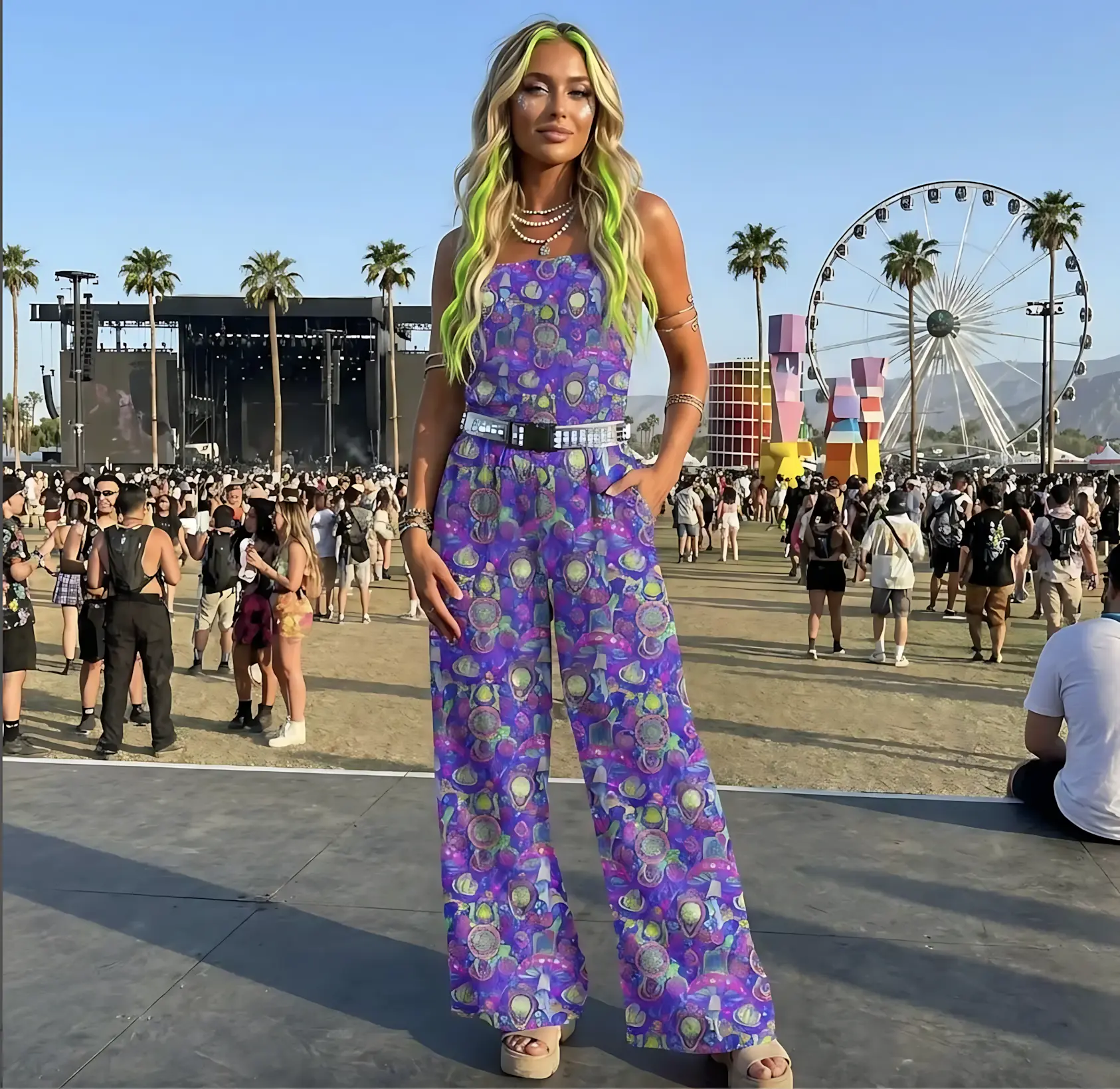 Psychedelic Mushroom Wide Leg Jumpsuit Women - Trippy Purple Rave Outfit, Festival Overalls, Burning Man EDM Palazzo Jumpsuit (XS-8XL)