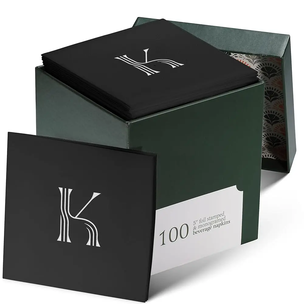 Linen-Feel Monogrammed Cocktail Napkins by Silver Foil, 100 Pack, Black 5"x5", Letter K, Perfect for Weddings and Parties Cutlery Tableware