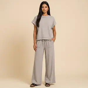 Zenana Washed Slub Knit Two-Piece Set - Boxy Crop Top & Wide-Leg Palazzo Pants - Sleet Color - Soft Korean Style Womenswear - 59% Cotton 39% Polyester 2% Spandex - Relaxed Fit - Fabric