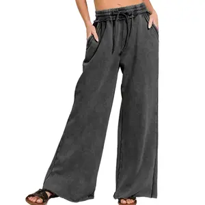 Hixiaohe Women Casual Acid Wash Sweatpants Wide Leg Drawstring Fleece Palazzo Pants Baggy Athletic Trousers with Pockets