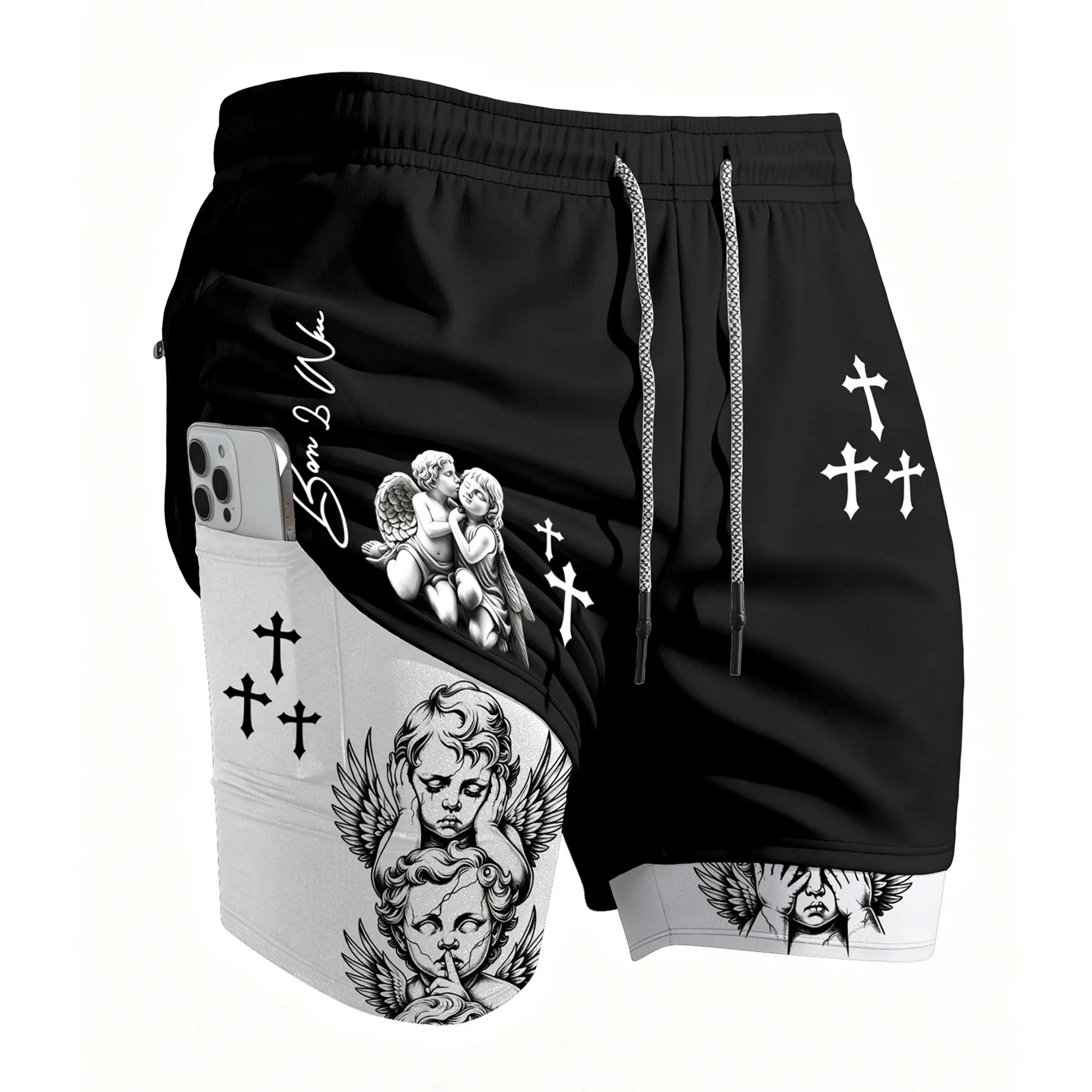 Men's 2 in 1 Sports Shorts, Goth Letter & Cross Print Drawstring Waist Casual Sports Shorts, Summer Streetwear Casual Outdoor Shorts, Gym Quick-Dry Training Shorts with Phone Pocket, Suitable for Running, Exercising and Ball Games