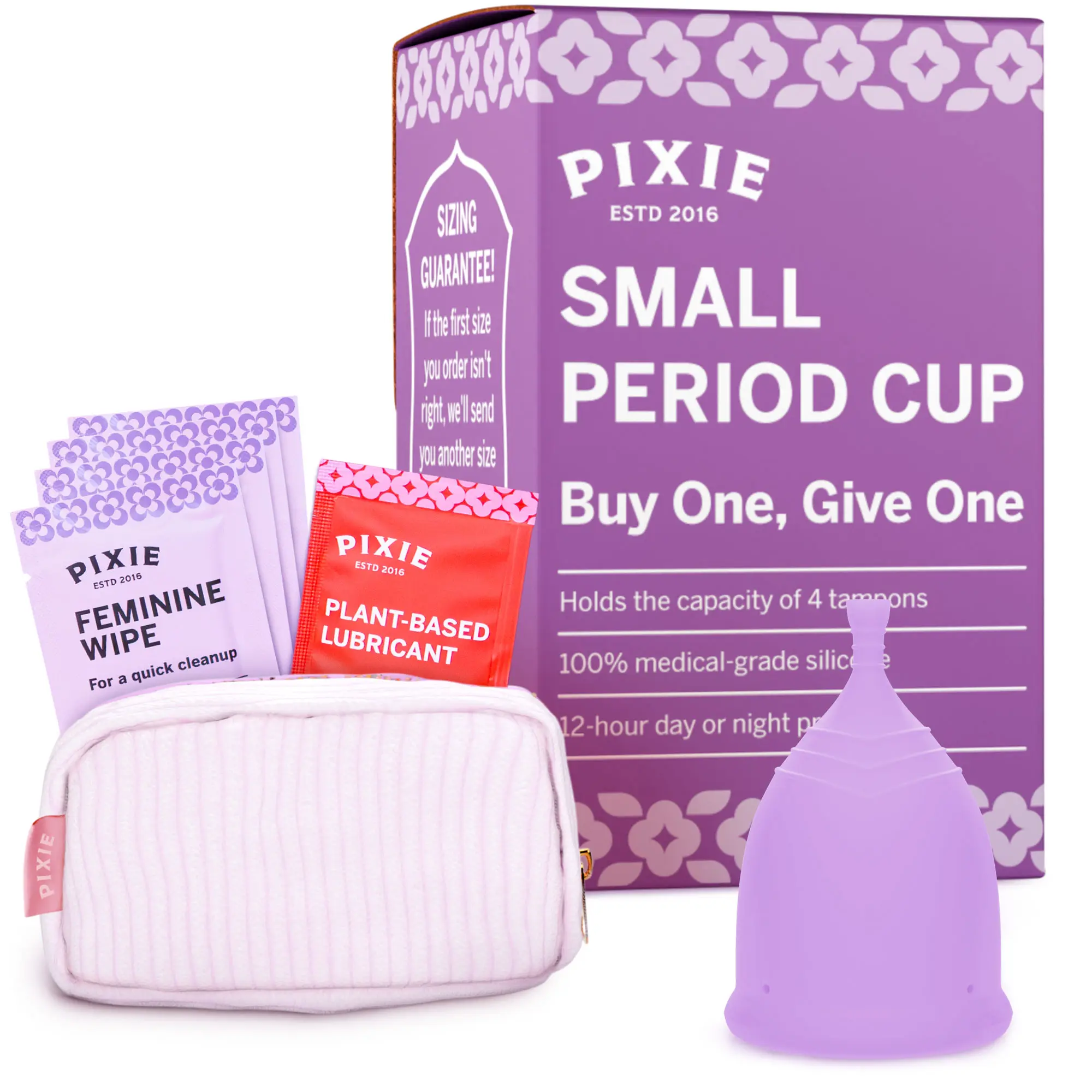 Pixie Soft Menstrual Cup - Ranked 1 for Most Comfortable Reusable Period Cup - Buy One We Give One - Includes Ebook Guide, Cleaning Wipes, Lube, & Storage Bag - Tampon and Pad Alternative (Extra Small, Purple)