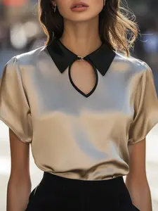 Colorblock Satin Batwing Sleeve Keyhole Shirt Blouses, Casual Daily Wear, Stylish Women's Top, Comfortable and Elegant Design