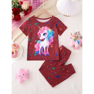 Girls' Spring/Autumn/Summer 2pcs Set with Luminous Cute Unicorn Pattern Round Neck Hoodie T-shirt Short Sleeve Top + Luminous Starry Sky Print Elastic Waist Trousers with Tied Feet Pants Cute Style Pants Suit, Suitable for Outdoor Wear, (UV Light Illumina