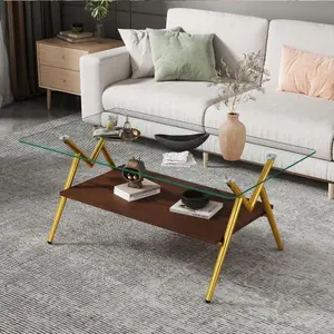Modern Coffee Table with Tempered Glass Top & Metal Legs, Rectangle Metal Frame Center Table for Living Room, Clear Glass Sofa Table for Lounge