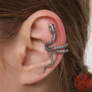 Real 925 Sterling Silver Snake Shaped Ear Bone Clip Cuff Wrap Earrings No Piercing-Clip Gothic Earrings Party Jewelry