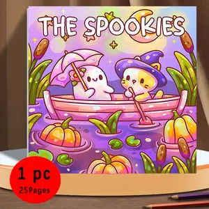 Bold & Easy Cute Kawaii Spooky Ghost & Cat Coloring Book for Kids & Adults, 22 Coloring Pages on 120gsm Thick No Bleed Paper, Odorless Glue Binding, Stress Relief Halloween Themed Easy Coloring for All Ages