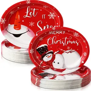 100 Pcs Christmas Oval Paper Plates 10 x 12 Inch Large Disposable Platter Xmas Dinner Serving Plate Set Snowman Snowflake Paper Plate Tray Tableware for Xmas Winter Holiday Party Supplies