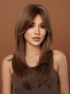 24 Inch Brown Long Straight Wigs for Women, Gorgeous Fluffy Glueless Hair Wigs with Bangs, Synthetic Full Machine Wigs for Party, Daily Use, Brazilian Straight Wig, Fashion Wig