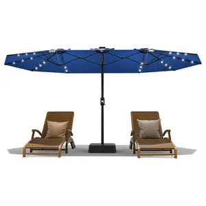 15FT Double-Sided Rectangular Patio Umbrella with 36 Solar LED Lights, Heavy Duty Waterproof Windproof Sun Shade, Tilt, Crank, Weighted Base, Sandbag for 8-10 People, Poolside, Garden, Lawn, Backyard, Deck, Beach