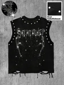 Men's Casual Tank Top, Rhinestone Gothic Font & Devil Smile Print, Breathable Soft Fabric, Perfect for Gym, Streetwear, Summer Fashion