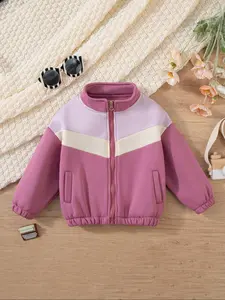 Toddler Girls' Fleece Jacket Coat, Zipper Stand Collar Colorblock Design, Fall & Winter Casual Fashion, Suitable for 3-8 Years Old Boys & Girls, Zipper Pocket Jacket, Casual Warm Coat, Zip Up Jacket