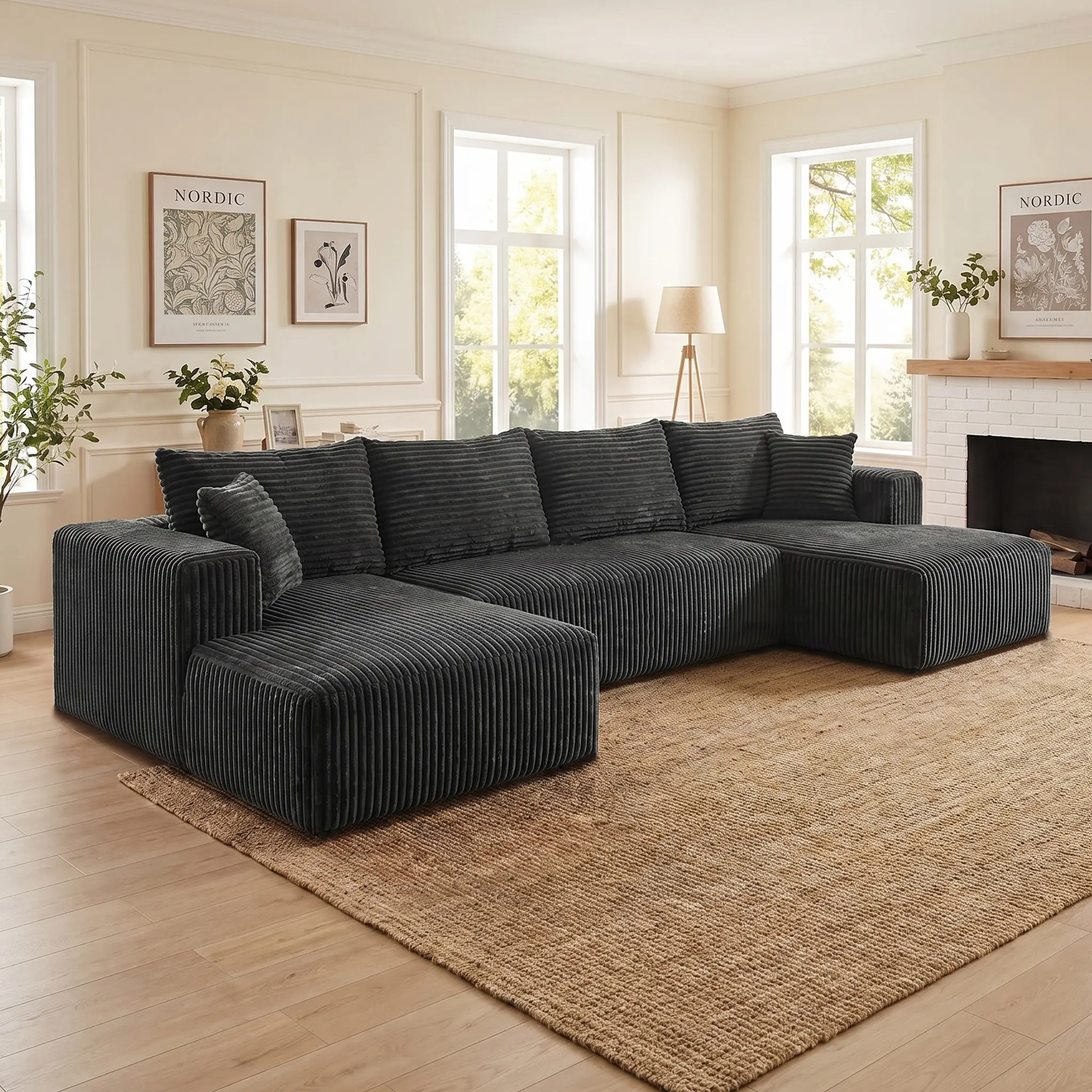 127-inch Black Checkered Fabric U-shaped Modular Convertible Sofa Bed - Pre-assembled Boneless Modern Deep-set Lounge Sectional Couch, Indoor Furniture, Boneless Couch, Assembled Sofa Sets, L-Shape Sofa Sets