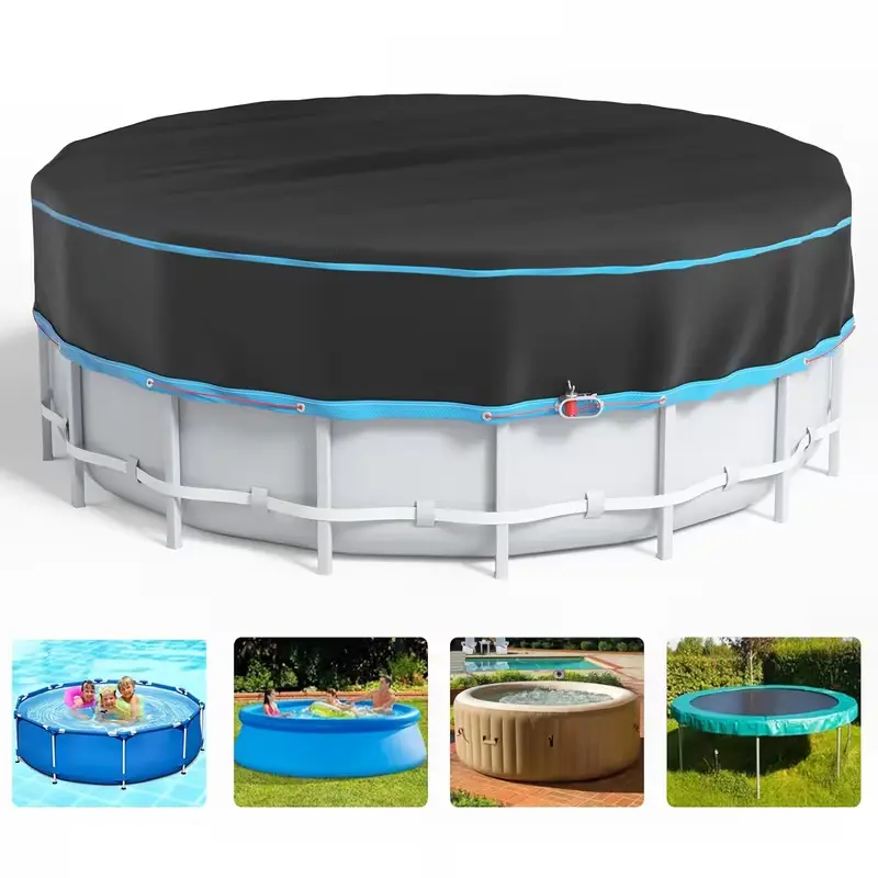 12ft Round Pool Cover for Above ground Pool with Super Windproof Gel-Coated Tarp Reflective Straps, Swimming Pool Covers with UV Protection,summerwins