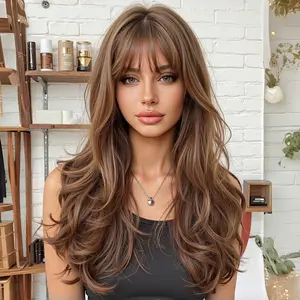 22-inch Mixed-color Wavy Straight Bangs Curly Synthetic Fiber Machine-made Rose Net Wig, Suitable for Fashionable Women for Daily Life, Dates, Various Parties, Music Festivals, Halloween Costumes, Stage Performances, and Props