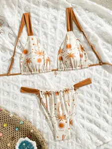 Two-Piece Set Women's Palm Tree Print Tie Back Bikinis Set, Casual Fashion Chic Swimsuit Set for Beach Holiday Vacation, Ladies Swimwear for All Seasons, Beach Bikinis