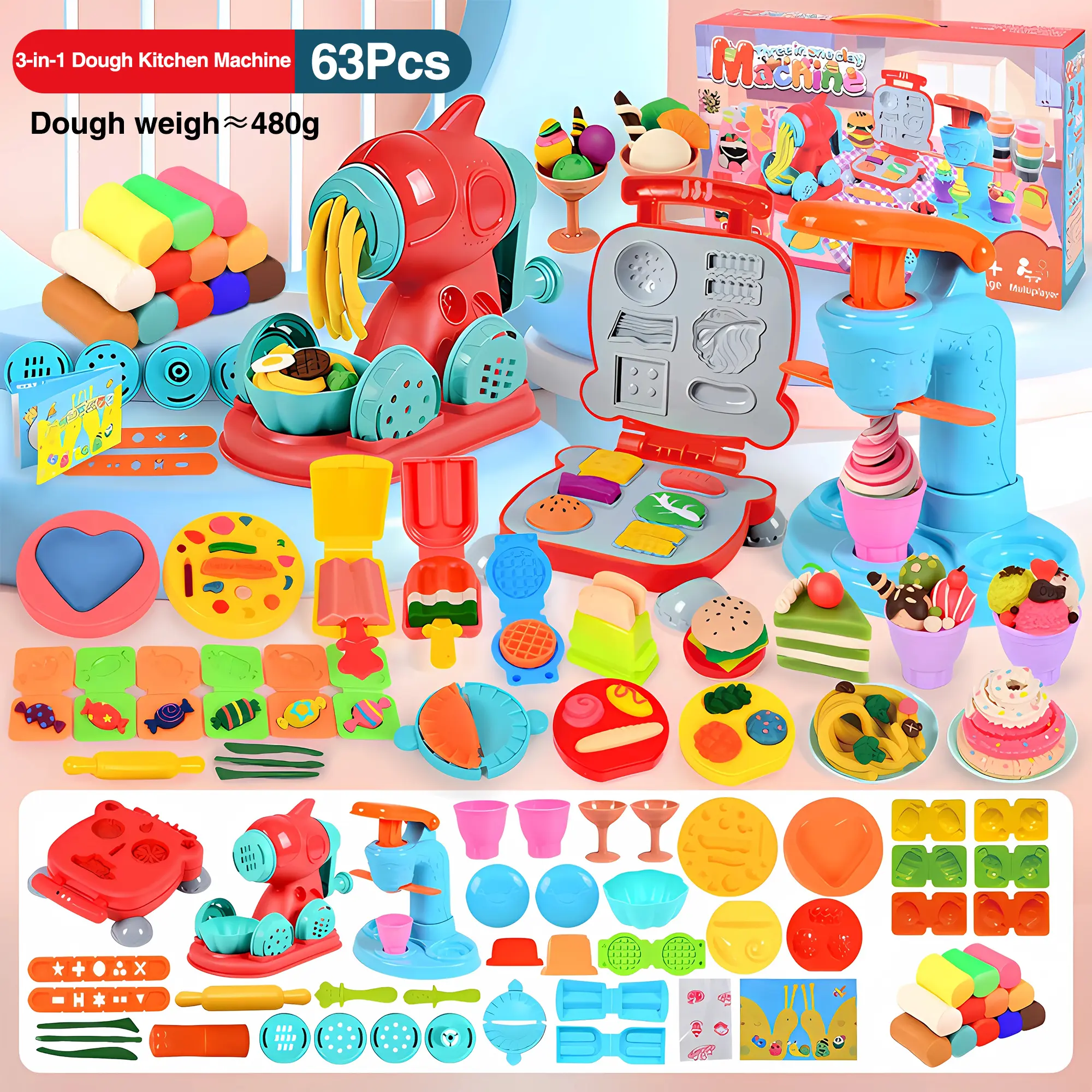 Kids Play Dough Set - Ice Cream, Noodle, Hamburger Maker Toys, Vibrant Non-Toxic Soft Plasticine Modeling Compound, Safe for Toddlers, Ideal for Creative Art Crafts & Party Favors, summerwins