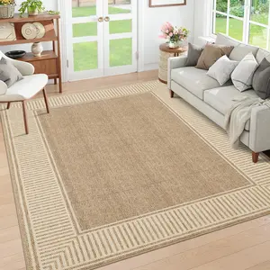GARVEE 9x12 Area Rug for Living Room Large Washable Bedroom Rug Low Pile Stain Resistant Dining Room Area Rug with Rubber Backing Modern Bordered Throw Carpet for Home Decor Office, Khaki