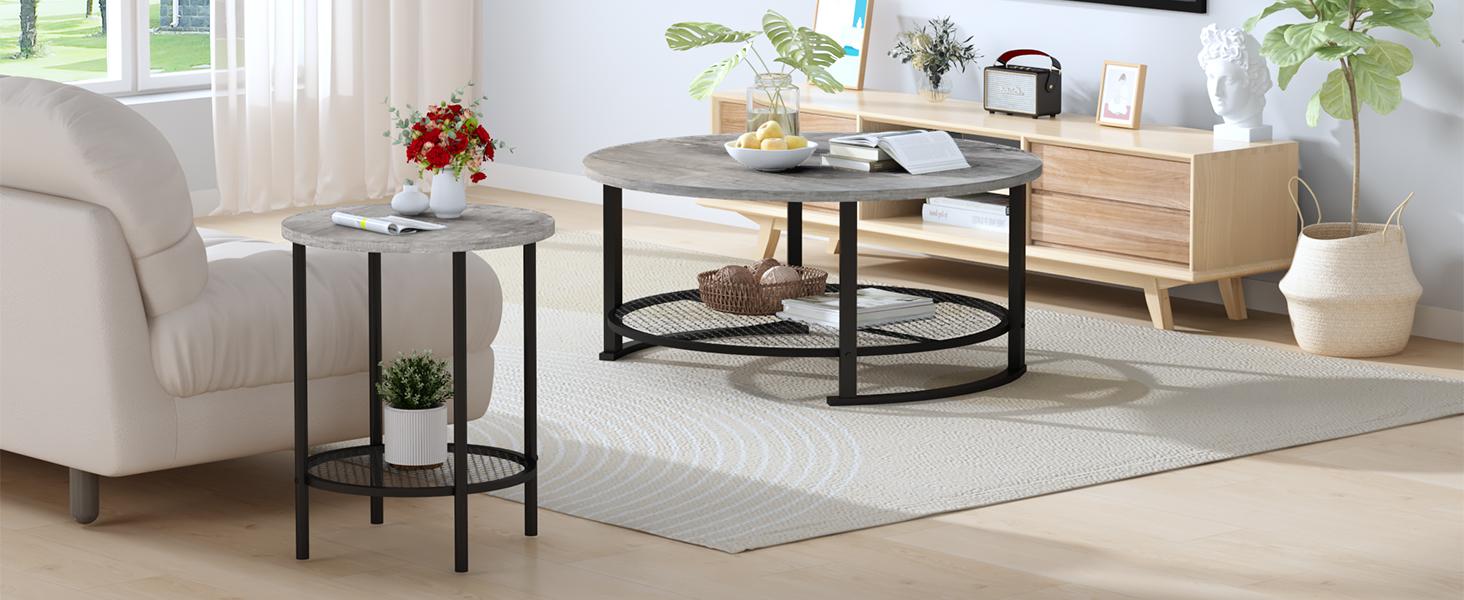 Living Room Coffee and End Table Sets, Wooden Modern Rustic Center Table with Two Side Tables, 3 Piece Living Room Coffee Table Set with Storage for Living Room, Apartment