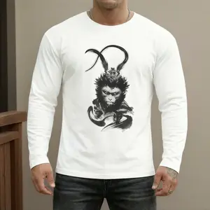 [Game Trend] Sun Wukong Long Sleeve T-Shirt, Black Myth Monkey King Shirt, Chinese Ink Wash Art Top, Action RPG Gamer Merch, Novelty Gift for Him short sleeve t-shirt trendy top white  tee classic fit