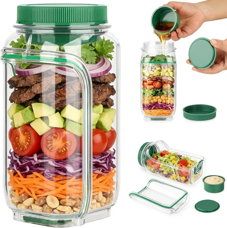 【Free Fork Included】Upgraded Snap-Lock Buckle Salad Jar with Inner Seal Lid, Leakproof Side-Opening Salad Container with Dressing Compartment, Portable Food Storage for Travel, Office