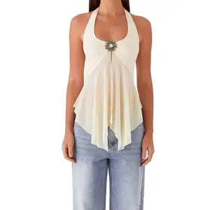 Women’s sleeveless camisole summer top with lace-up tie detail at the back, open back, sheer mesh fabric, and a slit hem; suitable for streetwear; distressed/tattered aesthetic GARMENTARY