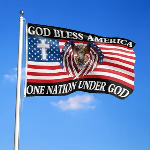 "God Bless America" ​ ​ Themed Flag - Featuring the "Nation Under God" Design (Including Eagle Motif). Dimensions: 2 x 3 feet (60 x 90 cm). Includes two metal grommets; single-sided print. Suitable for indoor and outdoor use, homes, parties, various event