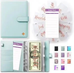 Budget Binder with Zipper Envelopes - Blue Money Organizer for Cash, A6 Binder Cash Envelopes for Budgeting, Money Saving Binder with Rose Gold Pre-Printed Stickers