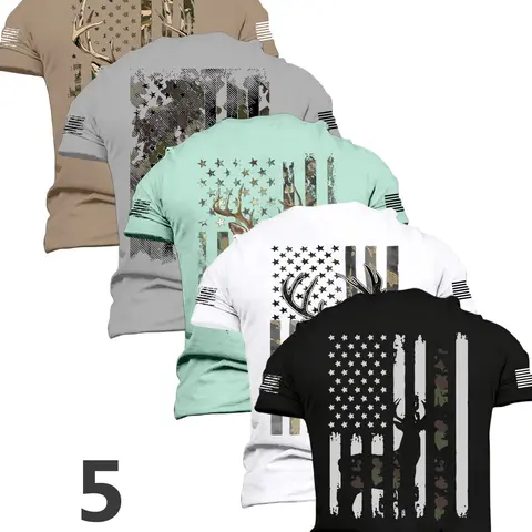 New Summer Men's Patriotic Style Deer & Flag Print T-Shirt Set Casual Fashion Clothing Soft Breathable Short Sleeve Tees, Multiple Colors, Ideal Gift