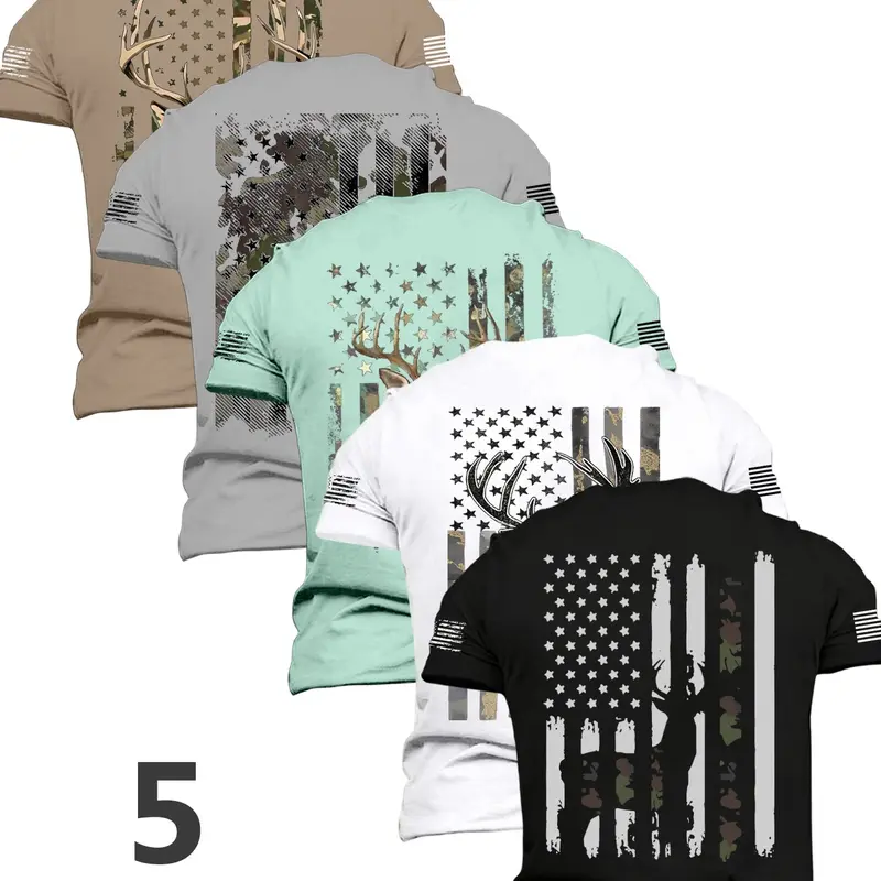 New Summer Men's Patriotic Style Deer & Flag Print T-Shirt Set Casual Fashion Clothing Soft Breathable Short Sleeve Tees, Multiple Colors, Ideal Gift