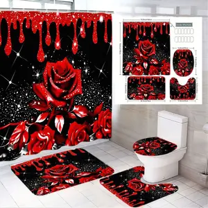 1/4pcs Gothic Black Red Rose Shower Curtain Set - Large Glossy Roses with Black Dripping Paint & Sparkles, Matching Toilet Cover + 2 Bath Mats, White Tiled Bathroom Decor for Halloween, Valentine's Day, Spooky Housewarming Gift