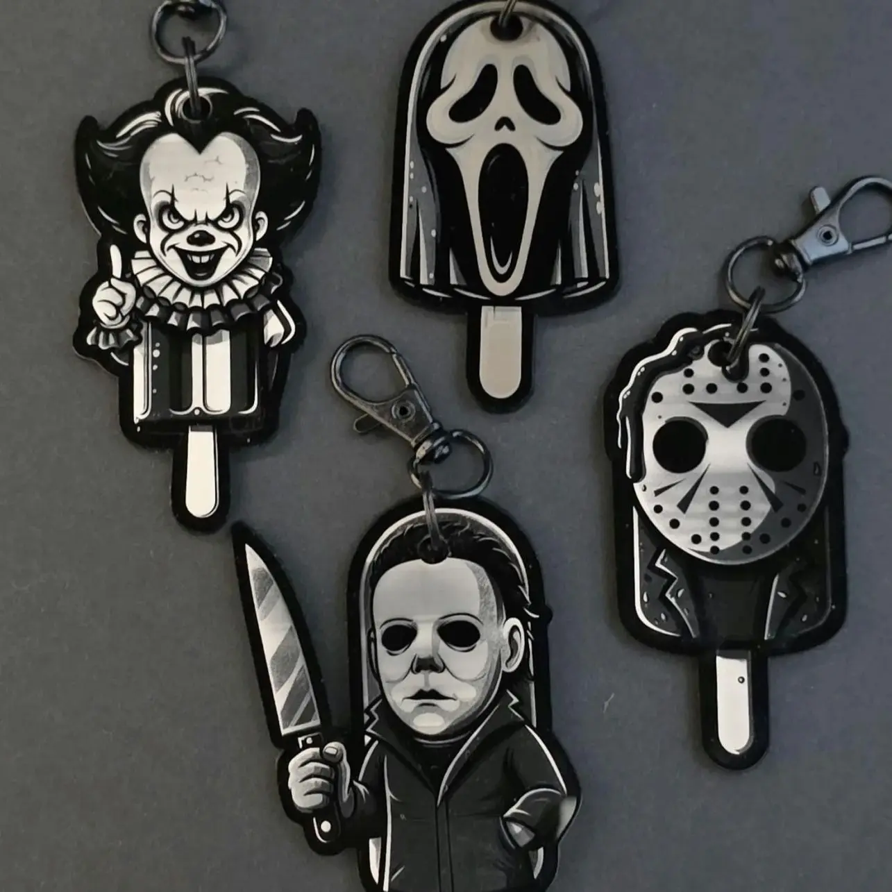 Horror Popsicle Keychain, Engraved Black Acrylic, Slasher Movie Charms. Scream, Jason, Pennywise, Michael