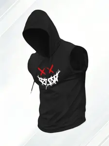 Men's Trendy Sleeveless Hooded Tank Top, Gothic Grin Graphic Gym Sportswear Hoodie, Quick Dry Workout Muscle Shirt for Bodybuilding, Training & Streetwear, Lightweight Athletic Vest