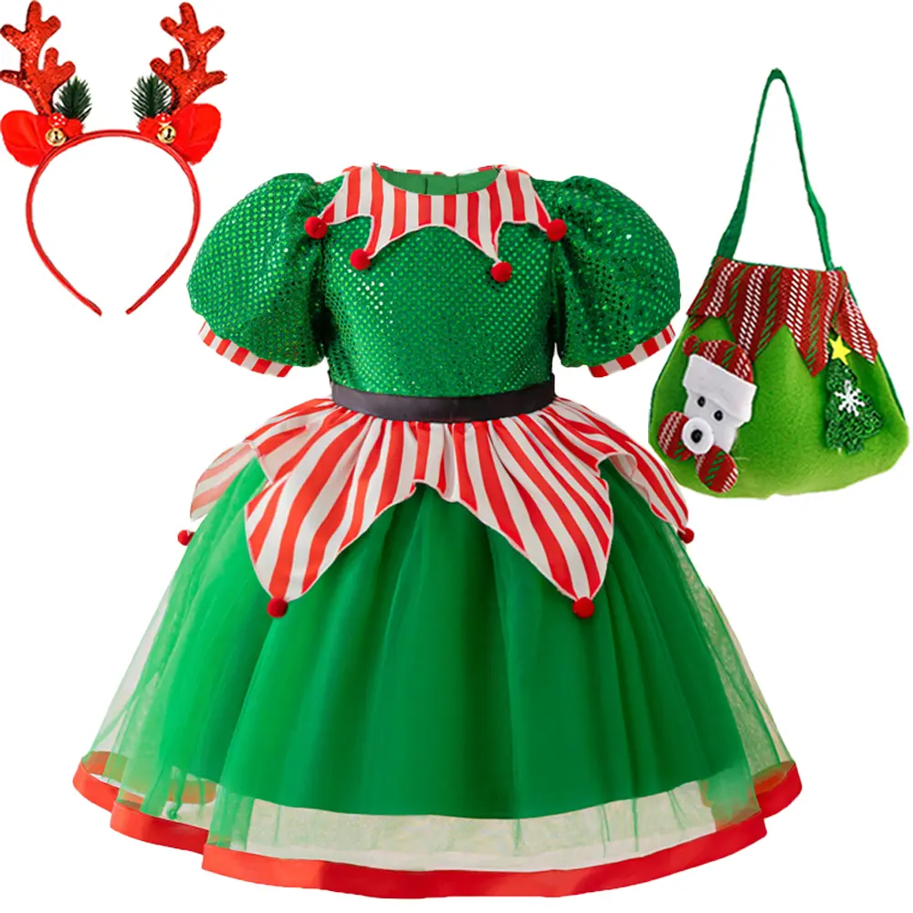 109 (Dress + all accessories) Christmas dress green mesh princess dress role party performance costume children's dress