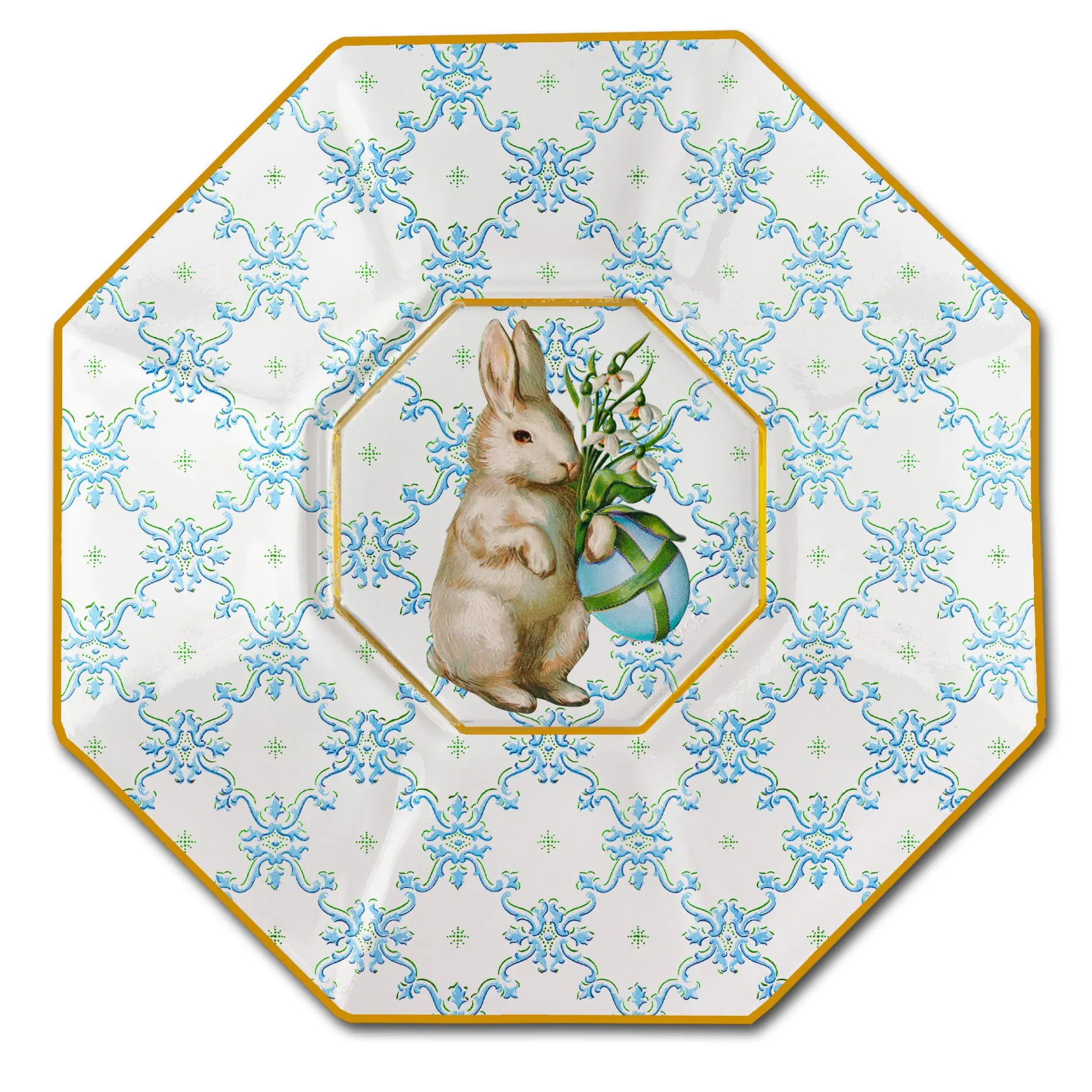 P6836-White Bunny with Egg on Blue Scroll Decoupage Plate