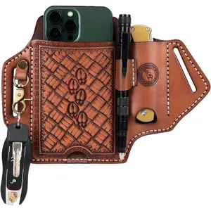 Tourbon Leather Cell Phone Holster with Belt Loop Case Tool EDC Folding  Sheath Pencil Slot Holder Key Clip for Men, Brown