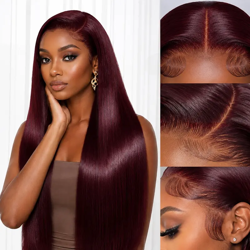 Semuer Black Cherry Glueless Lace Front Wigs Human Hair With Drawstring 200 Density Straight 13x6 HD Lace Frontal Human Hair Wig Pre Plucked Pre Bleached | Small Knots  Natural Hairline