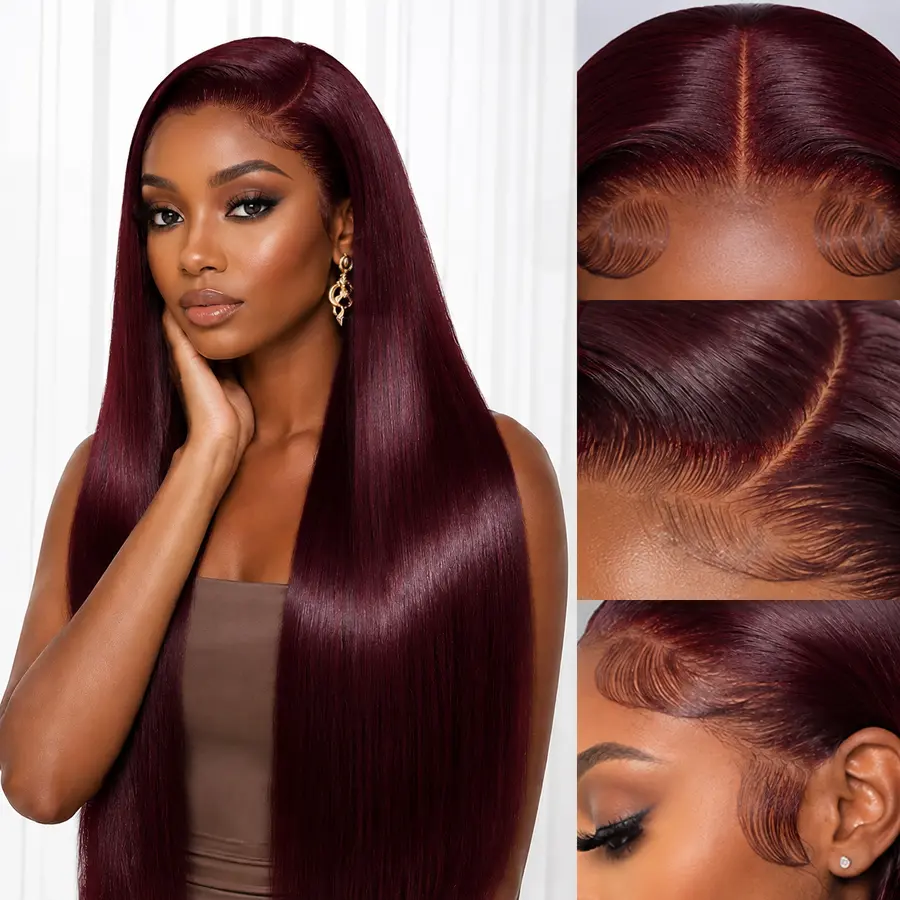 Semuer Black Cherry Unisex Glueless 13x6 HD Lace Front Human Hair Wig, 200 Density Straight, Pre-Plucked, Pre-Bleached, Small Knots, Natural Hairline, Drawstring, Casual Wear Accessories