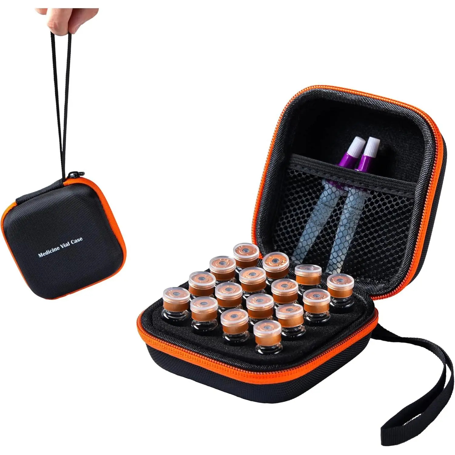 16Slot Small Vial Fridge Case Fits 1-3ml Peptide/Insulin/GLP-1 (Black+Orange) Boxes Organiser Multilayer Storage Strap mini box easy use