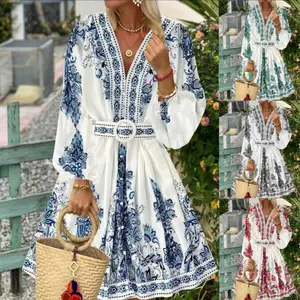 2025 Summer New Women’s Fashion V-Neck Long Sleeve Bohemian Printed Dress