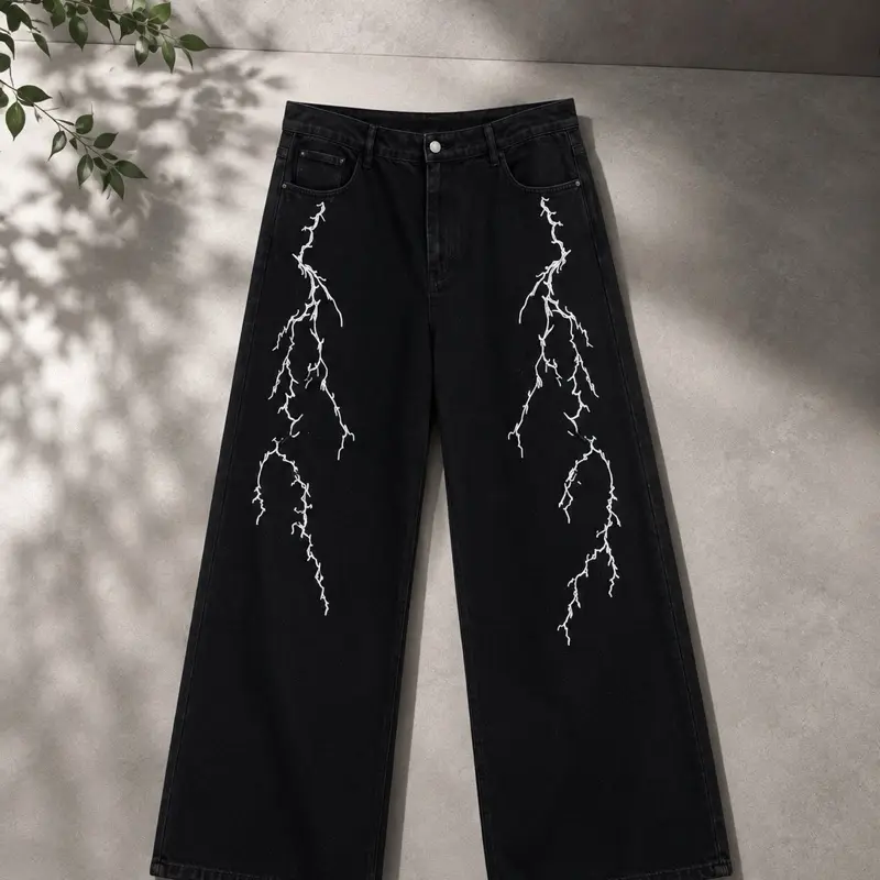 Men’s Black Wide-Leg Jeans with Lightning Embroidery