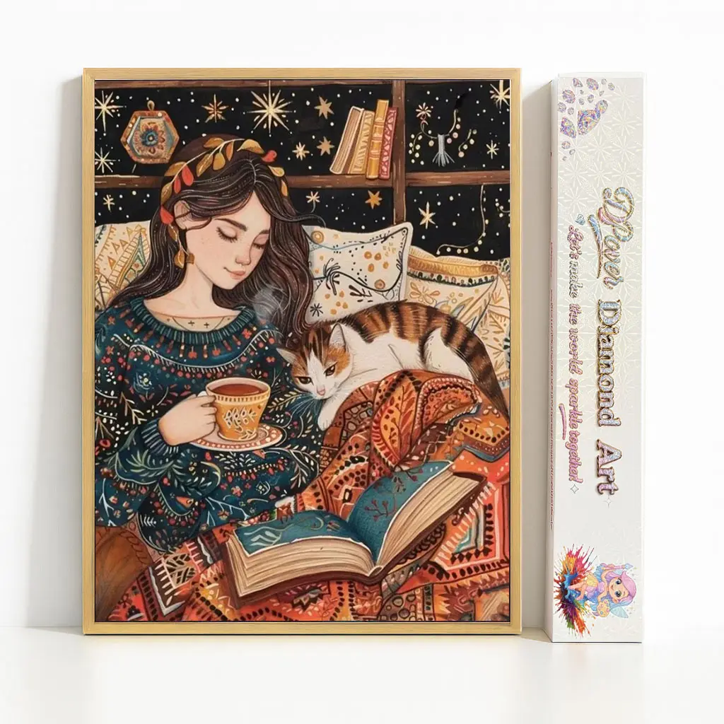 Book Girl and Cat | 45×60cm | Partial Fairy Dust Diamond Painting | Full Round / Full Square Drill | Velvet Cloth Canvas | DIY 5D Diamond Art Kit for Adults & Kids | Sparkling Cute Anime Girl & Cat Artwork Wall Art Home Decor | Crafting Gift Idea