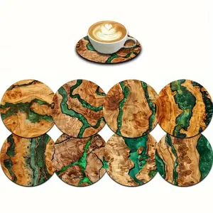 8-Piece Classic Wooden Texture Round Coasters Set, Multi-Use Drink Mats Tableware for Coffee & Tea Cups, Home Decor Gift for Parents or Friends