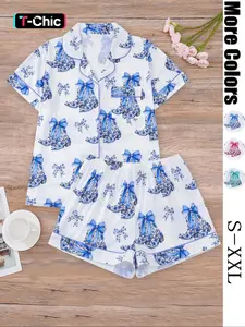 Women's All Over Print Button Front Shirt & Elastic Waist Shorts Pyjama Two-piece Set, Casual Comfy Short Sleeve Top & Shorts PJ Set, Ladies Sleepwear for All Seasons, Cute Pajama Sets