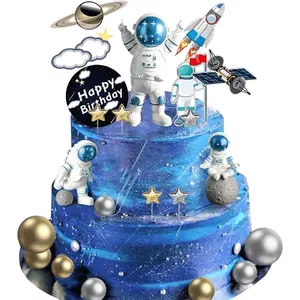 22Pcs Space Cake Topper,Space Cupcake Toppers Astronaut Figurine Birthday Outer Space Themed Party Decorations Supplies Planet Rocket Pearl Balls and Star DIY Cake Toppers