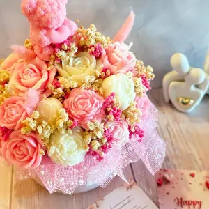 Bouquet de Velas - Pink & Cream Rose Bouquet with Gold Accents and Lace Trim for Special Occasions