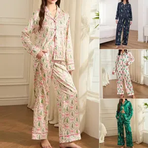 Women’s Christmas pajama set, 2-piece loungewear suits featuring bow/Santa/tree print long-sleeve shirts/tops and pants; sleepwear outfits; women’s clothing for Christmas