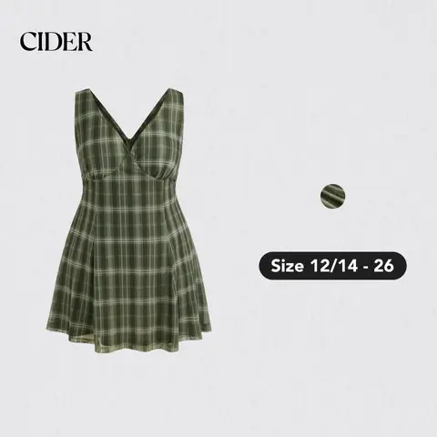Women's Cider Plaid Sleeveless V-Neck A-Line Mini Dress - Elastane, Plus Size, 12/14-26 (2XL-20/22 Included), Everyday Casual Dresses, Statement Fashion