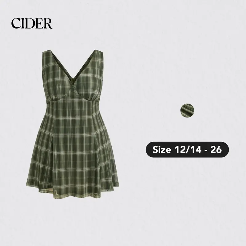Women's Cider Plaid Sleeveless V-Neck A-Line Mini Dress - Elastane, Plus Size, 12/14-26 (2XL-20/22 Included), Everyday Casual Dresses, Statement Fashion