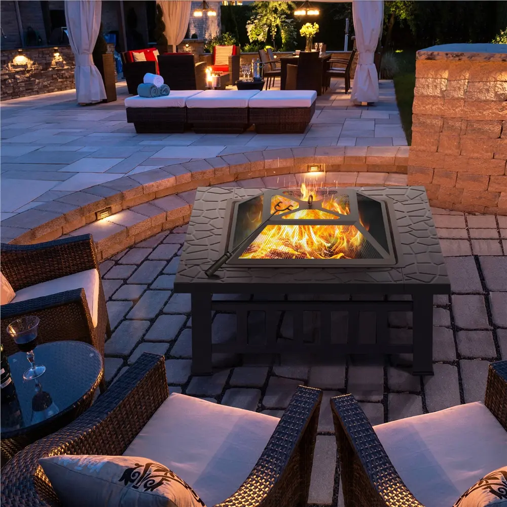 Costoffs 32x32 in Outdoor Square Heavy-Duty Iron Fire Pit - Contemporary Look Garden Stove Brazier, BBQ & Heating Use, Ice Bucket Mode, With Cover & Poker